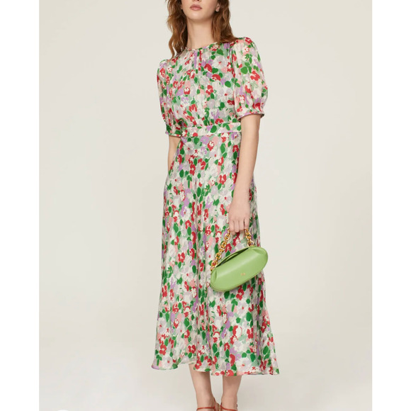 L.K. Bennett Green Floral Silk Midi Dress SIZE 12 Satin Romantic Designer $825 - Picture 2 of 10